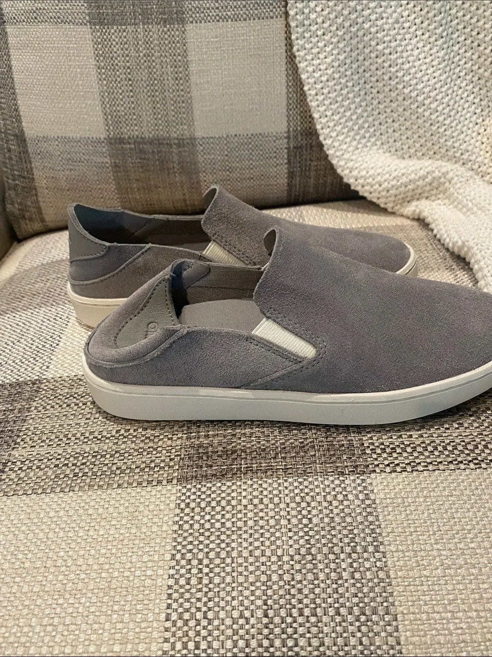 OluKai Women’s Slip-On Suede Loafers in Gray with White Sole